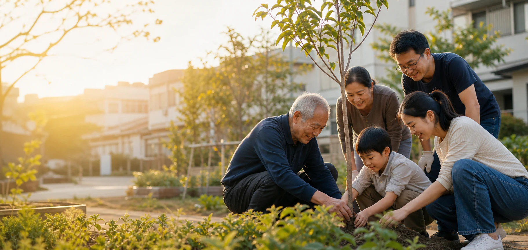 多世代社區成員共同植樹，象徵一份支持帶來長期成長；本圖為公益理念情境圖